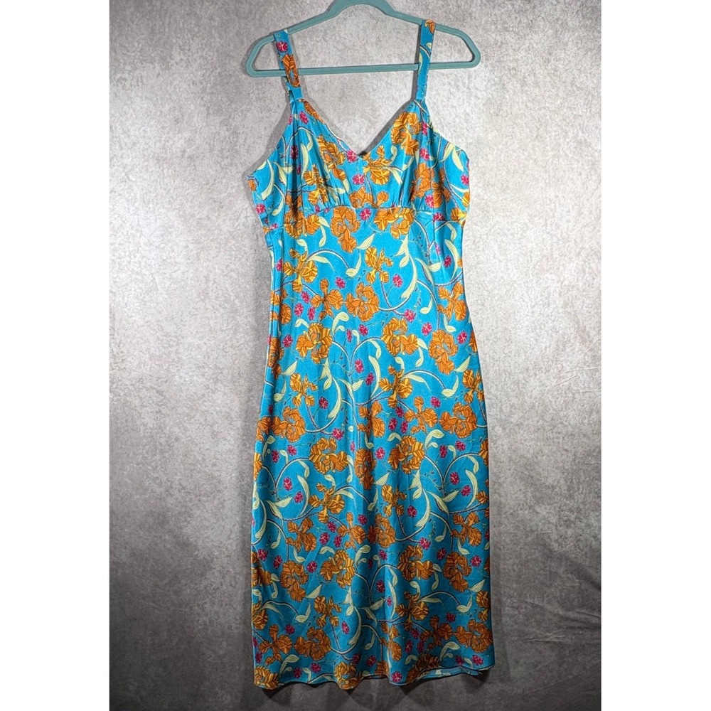Sofia Jeans Women XL Blue Floral Slip Dress Midi Satin V-Neck Smocked Back Boho